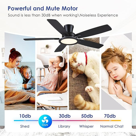BYKISTOK Flush Mount Ceiling Fan with RGB Light - 52In Black Ceiling Fan Light with Reversible Mute Motor, LED 3CCT Dimmable, Low Profile Modern Ceiling Fans for Indoor, Party, Covered Outdoor