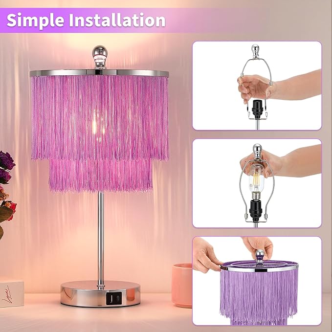 Lovlast Girls Table Lamp with Tassel Lampshade, 3 Way Dimmable Touch Bedside Purple Lamp with USB C + A Ports, Lavender Nightstand Lamp for Girls Bedroom, Living Room, Office, LED Bulb Included