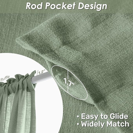 Melodieux Sage Green Semi Sheer Curtains 84 Inches Long for Living Room, Bedroom Linen Look Farmhouse Rod Pocket Shiny Sheer Curtain Drapes Light Filtering Home Office, 52" W x 84" L, 2 Panels