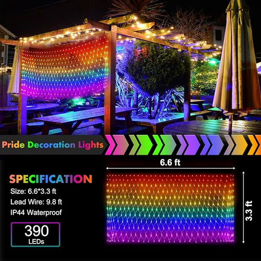RJZZ Pride Flag Lights Outdoor, 6.6x3.3 FT LGBTQ Pride Decorations Lights for Garden Connectable, 390LED Waterproof Rainbow LED Net Light, Pride Month Decorations for Room, Yard, Party, Office