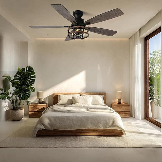 52" Farmhouse Ceiling Fans with Lights and Remote,Chandelier Ceiling Fan with 5 Double Colour Blades Reversible DC Motor,Rustic Caged Ceiling Fan for Living Room,Dining Room,Bedroom