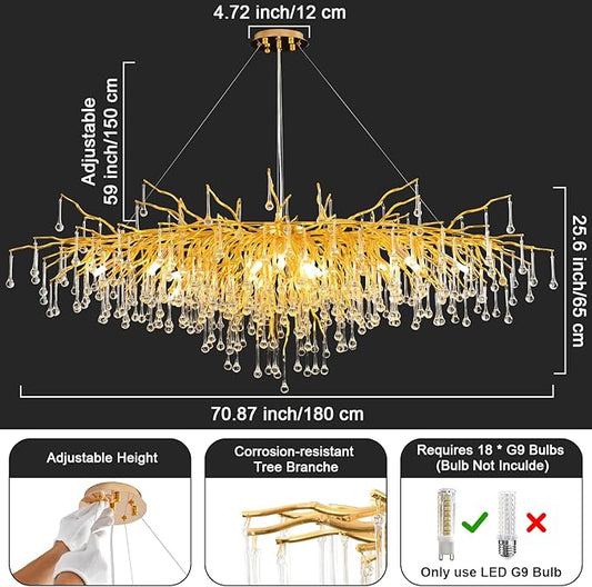 70.87 Inch Modern Crystal Chandeliers, Large Gold Branch Raindrop Chandelier, Rectangle Chandelier Lighting Fixture 19-Light for Foyer Entryway High Ceiling Dining Room, Living Room