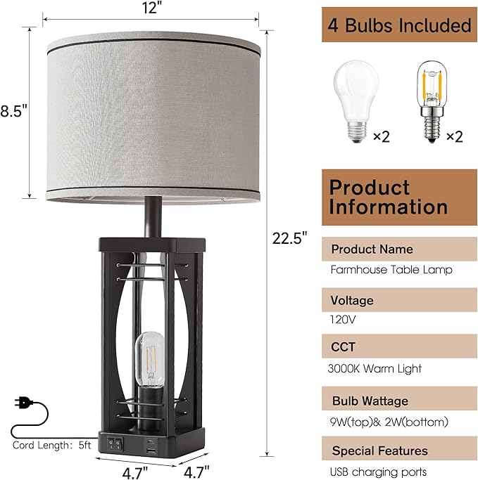 SRJJA Farmhouse Table Lamps Set of 2 for Living Room, Rustic Nightstand Lamps with USB A+C Charging Ports, 22.5" Dual Light Industrial Bedside Lamp with Linen Shade for Bedroom End Tables