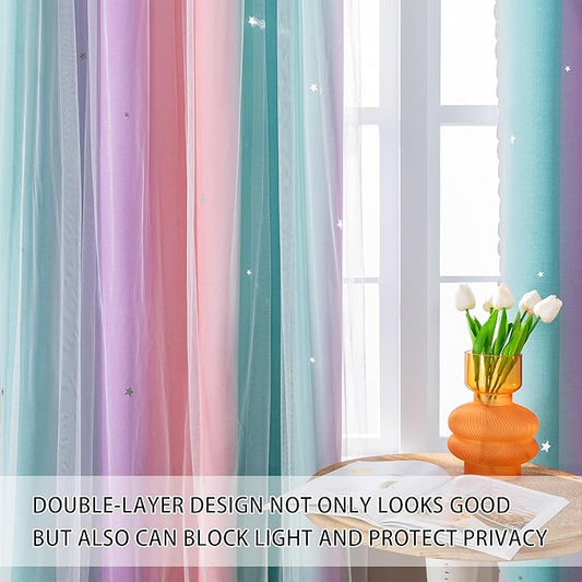 XiDi Curtains for Girls Bedroom 2 Panel Set, Thermal Insulated Window Ombre Panels, Rainbow Pink Drapes for Kids Room Unicorn Wall Decals, Black Out Curtains 54 Inch Long Pink/Purple/Green 34x54