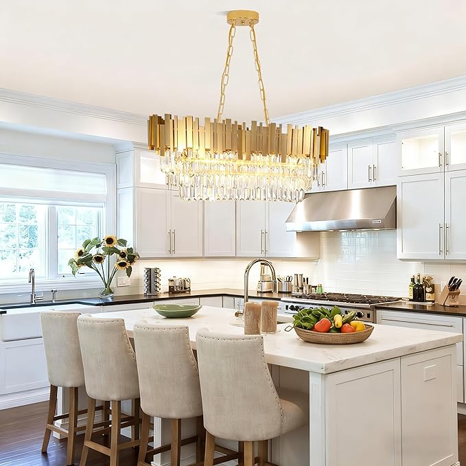 Modern Rectangular Chandelier Luxury Gold Crystal Chandelier,E12 Base Oval Contemporary Ceiling Hanging Light, Linear Ceiling Pendant Light for Living Room Dining Room Entryway L32in