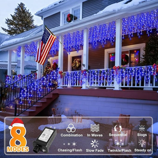 KNONEW Christmas Lights Outdoor Decorations 400 LED 33ft 8 Modes Curtain String Light with 75 Drops, Clear Wire LED Fairy Light Indoor Decor for Wedding Party Christmas Decorations(Blue)