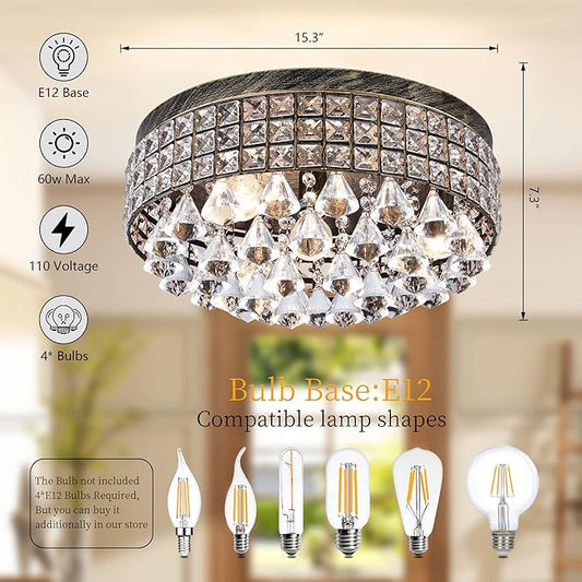 Maxax 4-Light Traditional Crystal Chandelier, Bronze Drum Ceiling Light Fixture with Round Metal Shade & Raindrop Crystals, 15,7" Vintage Flush Mount for Dining Room, Bedroom, Entryway