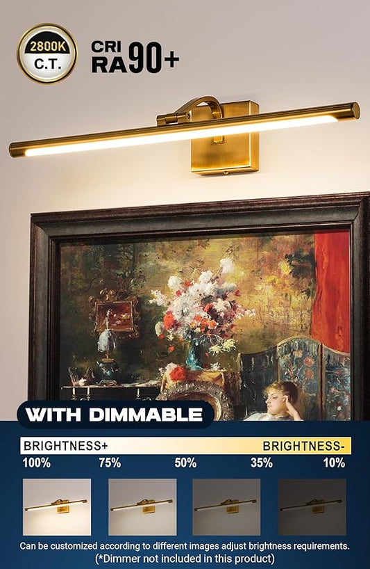 24 Inch Picture Light - Dimmable LED Wall Sconce for Artwork, Gold Brass Finish, Hardwired Gallery Lighting for Paintings and Photos