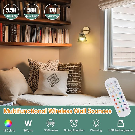 Shenmoyl Vintage Battery Operated Wall Sconces Set of Two, Wireless Battery Powered Rose Wall Sconce with Remote Control, RGB Dimmable LED Wall Light for Bedside Bathroom Living Room (Green)