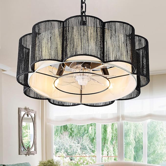 20" Rattan Ceiling Fan, 4-Lights Caged Fandelier Ceiling Fan with Remote and App Control, Drum Lampshade, Boho Chandelier with Fan for Dining Room, Bedroom, Kitchen (Black Farmhouse)