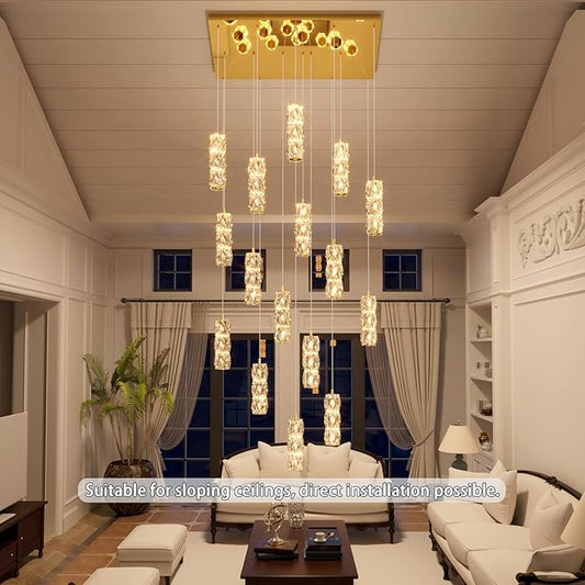 ykolupty Modern Rectangle Chandelier 16-Lights Crystal Chandeliers LED Dimmable Gold Linear Chandelier Flush Mount Crystal Pendant Light for Living Room Dining Room Foyer
