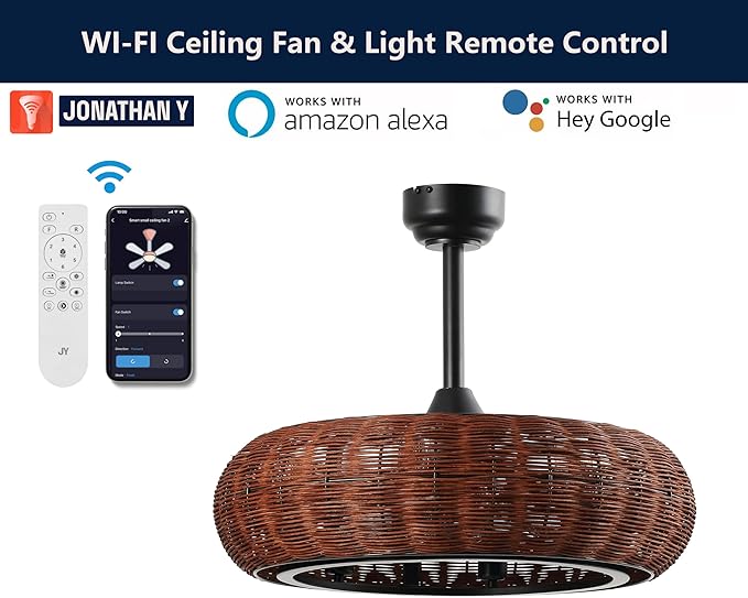 JONATHAN Y 23" Black 6-Light Modern Bohemian Ceiling Fan with Lights, 6-Speed Remote and App Control, Height Adjustable LED Lantern with Dark Brown Rattan Shade for Living Room JYL9728A