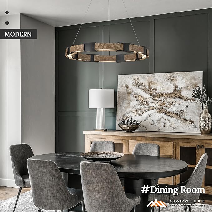 LED Ring Chandelier Dimmable Black & Wood Chandelier for Dining Room 24in Circular Chandeliers Light Modern Round LED Chandeliers Light Fixture for Entry Bedroom Kitchen Home Office Living Room