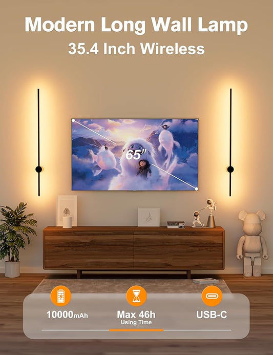 JOFIOS Battery Operated Wall Sconces Set of 2,10000mAh Rechargeable Wireless Sconces with Remote Control,Dimmable Wall Lamps with 7 Colors,35.4 Inch Modern Black Wall Lights for Bedroom, Living Room