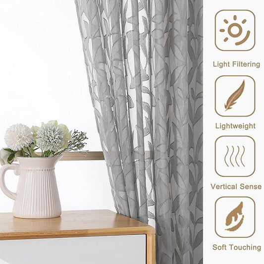 Gwine Charcoal Grey Sheer Curtain 54 Inch Length for Living Room 2 Panels, Light Filtering Leaf Jacquard Clip Textured Curtains for Bedroom, Soft Airy Farmhouse Rod Pocket Window Curtain, 42" Wx54 L