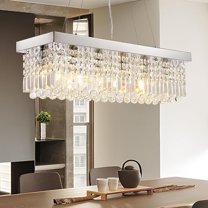 Modern Crystal Chandeliers for Dining Room Kitchen Island Light Fixture, 6-Light Rectangle Chandelier for Living Room, L31.5 Inch, Chrome Finish