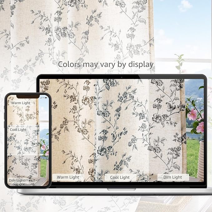 jinchan Floral Kitchen Curtains 54 Inch Linen Tier Curtains Farmhouse Cafe Half Window Drapes for Small Windows Light Filtering Black on Beige for Living Room Bathroom Back Tab 2 Panels