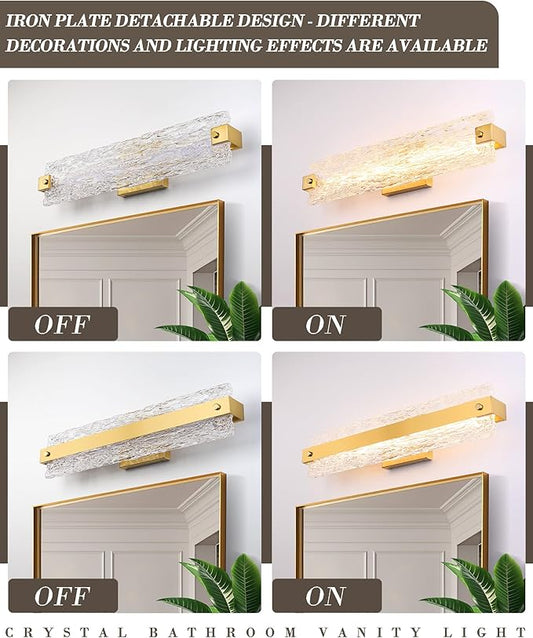 Brushed Gold LED Bathroom Vanity Light, 24.4 Inch 15W Modern Dimmable Bathroom Light Fixture Over Mirror, Crystal Bar Wall Sconce Lighting for Bath, 3CCT, OS-MM5001-3BG
