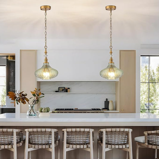 3-Light Chandelier,Vintage Gold Farmhouse Pendant Light Fixture for Kitchen,Adjustable Hanging Lighting with Green Glass Shade for Hallway Bedroom Entryway Dining Room Island