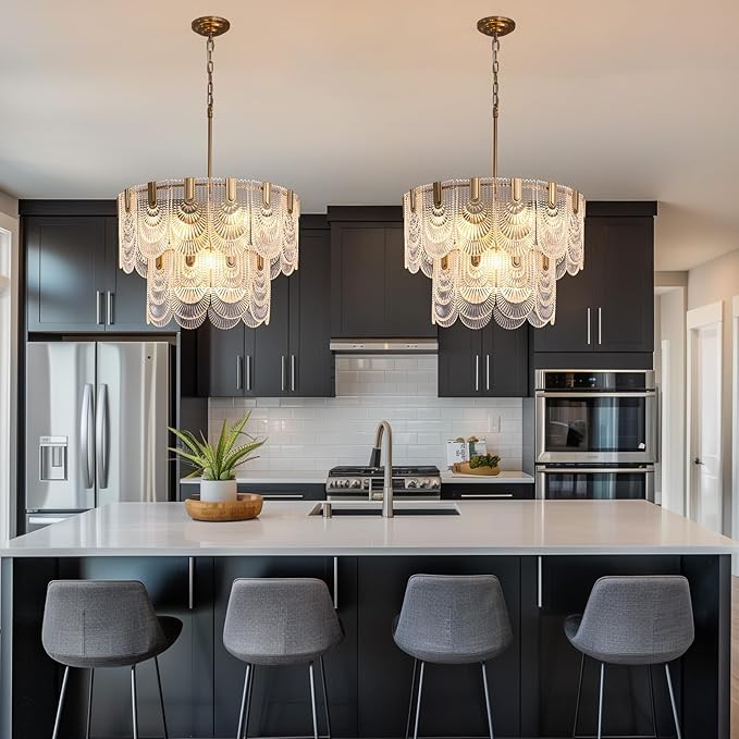Crystal Glass Chandelier,Gold Glass Kitchen Island Lights,9-Light Dining Room Hanging Pendant Light Fixture for Living Room, Bedroom,Foyer, Bathroom,Entryway, Brass Finish, D24 xH25