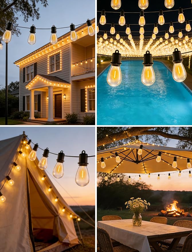 25FT LED Outdoor String Lights - 12+1 Shatterproof Vintage Edison Bulbs | IP44 Weatherproof | Plug in Cafe Patio Lights for Balcony, Porch, Deck & Cozy Bistro Ambiance (2700K Warm White)