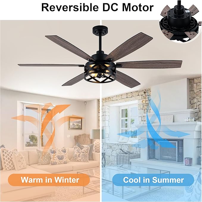 Farmhouse Ceiling Fan with Lights and Remote Large Rustic Ceiling Fan Caged Fandelier Industrial Chandelier Light, Reversible Quiet DC Motor 6 Speed for Indoor Outdoor (Farmhouse, 60 Inch)