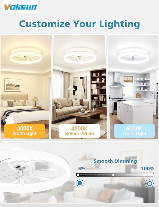 VOLISUN Low Profile Ceiling Fans with Lights and Remote, 24in Fandelier Ceiling Fan with Light, 3000K-6500K Dimmable Bladeless LED Fan Light, White Flush Mount Ceiling Fans with Lights for Bedroom