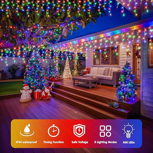 JMEXSUSS 400 LED 38.8Ft Icicle Christmas Lights with Remote - Outdoor Multicolor String Lights Plug in, 8 Mode for Outside Indoor House Yard Patio Eave Decorations