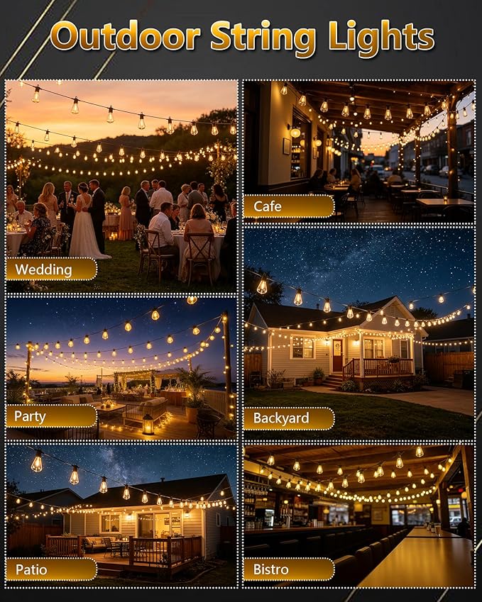 LED Outdoor String Lights 100FT, Waterproof Patio Lights with 52 (50+2 Spare ST38 Shatterproof Replaceable Bulbs), Connectable Dimmable Outside Hanging Light for Porch Garden Deck Bistro Backyard
