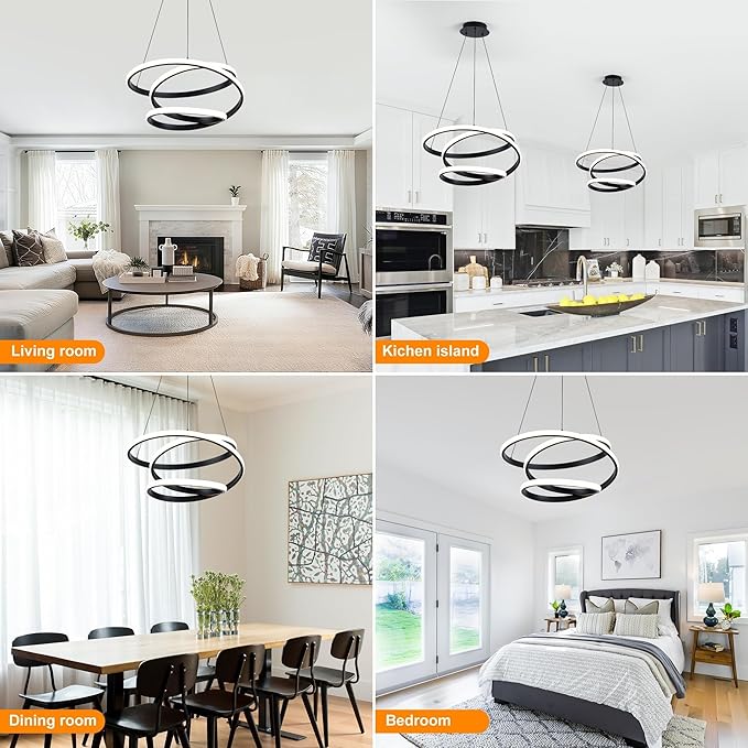 Mayful Modern Chandelier with Remote Control, 3-Color Dimmable LED Pendant Light Fixtures, Height Adjustable Kitchen Island Lighting for Dining Room,Bedroom,Living Room,Foyer,Office Black 19.7 inches