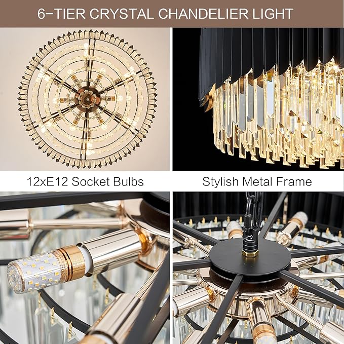 Black Crystal Chandelier 30'' K9 Crystal Round Pendant Lights Adjustable 6-Tier Large Modern Crystal Chandelier Light 12-Lights for Dining Room Living Room Kitchen Foyer Entryway