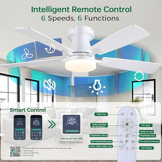Ceiling Fans with Lights, 48 Inch Ceiling Fan with Light And Remote/APP,Low Profile Ceiling Fan with Light,DC Reversible,6 Speed Noiseless LED Ceiling Fan,White Small Ceiling Fan for Bedroom