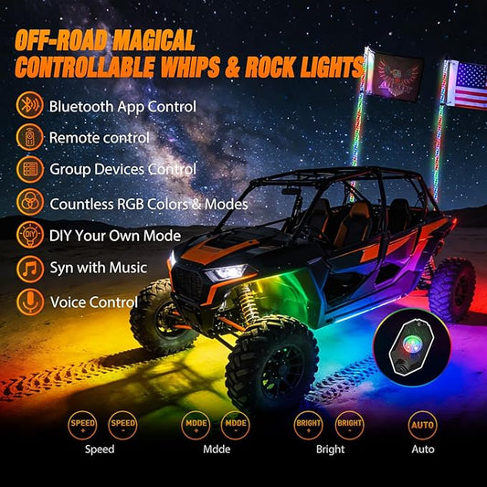 Nilight 2PCS 4FT RGB LED Whip Light with Spring Base and 8 PCS Rock Lights Combo, Remote App Control w/DIY Chasing Patterns Turn Signal Brake Reverse Antenna Lighted Whips for ATV UTV Polaris RZR Jeep
