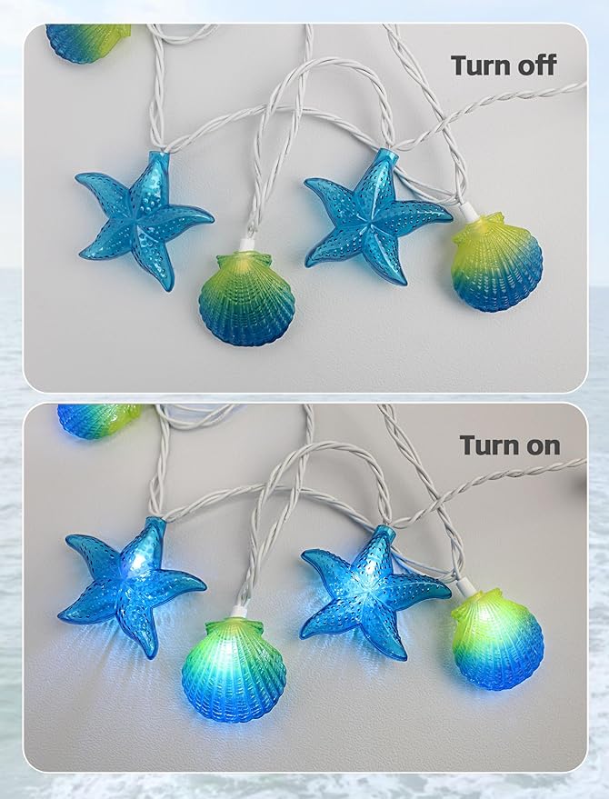 8.5Ft Beach Themed Seashell String Lights, 10L LED Ocean Starfish Seashell Lights Plug in for Boho Coastal Bedroom Seashell Party Nautical Party Holiday Decor, Indoor Outdoor