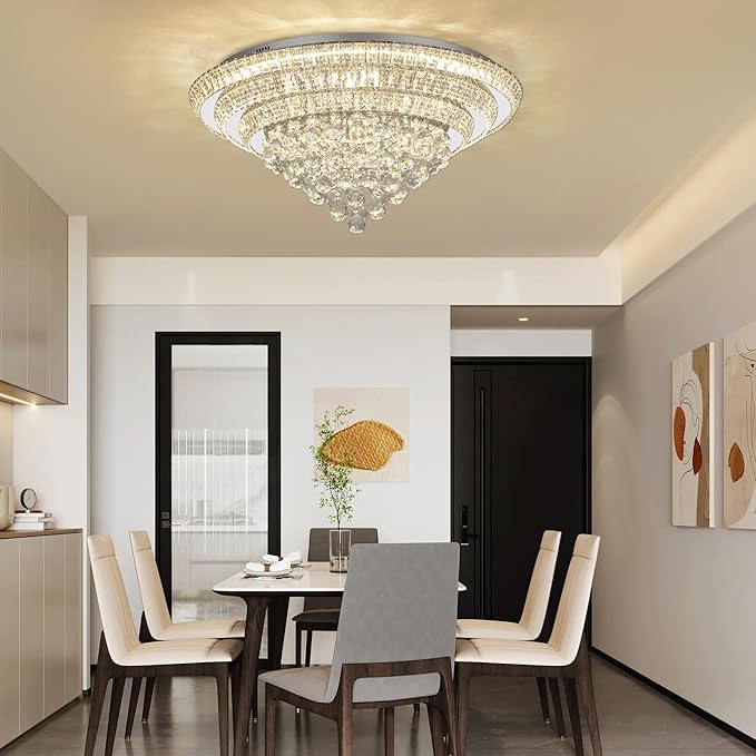 Miuyhji Elegant LED Crystal Raindrop Ceiling Light, 30" Flush Mount Chandelier Light Fixture with Remote Control for Living Room Kitchen Island Bedroom Hallway Entryway Foyer(Dimmable)