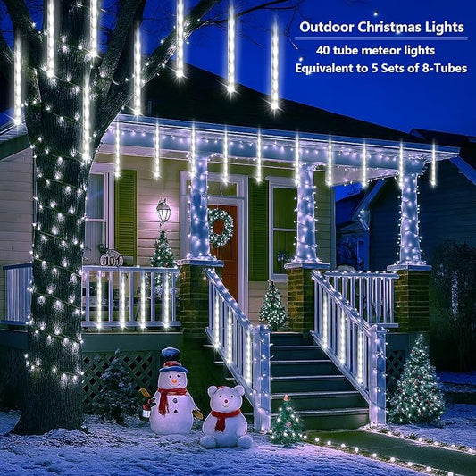 Purtuemy Outdoor Christmas Lights: 40 Tube(Equivalent to 5 Sets of 8-Tubes) Meteor Shower Rain Lights - Waterproof Christmas Halloween Decorations for Yard Outside Tree Roof, White