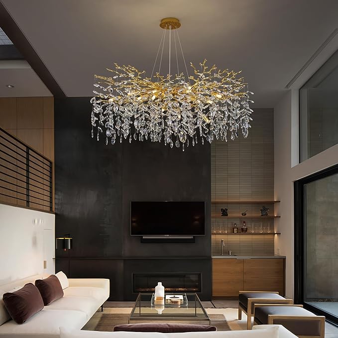 Crystal Tree Branches Chandeliers Round Raindrop Pendant Light Fixture 15 Lights for Dining Room Bedroom Living Room Entryway 39.5" Gold