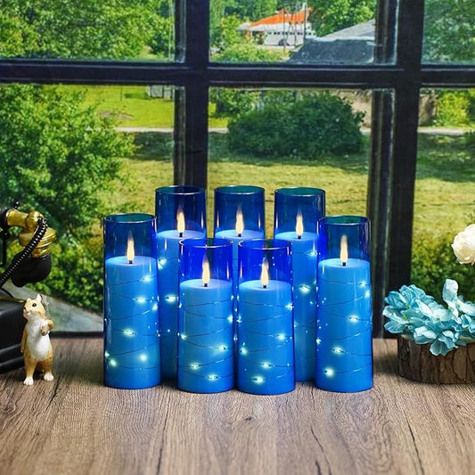 Flameless Candles,with Embedded Star String, Battery Operated Candles Flickering LED Pillar Candles with Remote Control and Timer, Home Decoration Add a Warm and Romantic Atmosphere,Set of 7 (Blue)