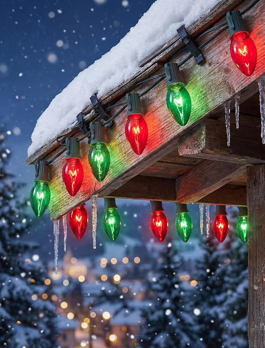 C9 Vintage Christmas String Lights, 25Ft Red & Green with 26 C9 Bulbs, Outdoor Hanging Patio Lights for Christmas Tree, Path, Roofline, Wedding Party Decoration