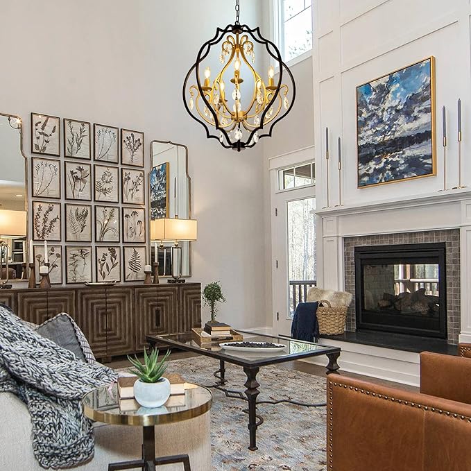 TOCHIC 27" Black and Gold Chandeliers for Dining Room 5 Lights Crystal Chandelier Light Fixture for Bedroom Vintage Orb Chandeliers for Living Room, Kitchen, Hallway