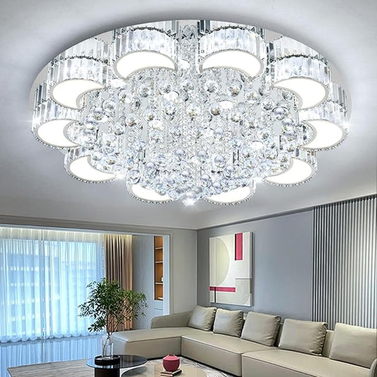 39.4" Silver Modern Crystal Chandeliers for Dining Room LED Dimmable Light Fixtures Flush Mount Light Living Room Bedrooms
