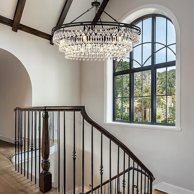 Wellmet Large Black Farmhouse Chandelier, 38in Round Modern Crystal Teardrop Chandelier for Dining Room, Bedroom, Kitchen, Hallway, Closet, Living Room