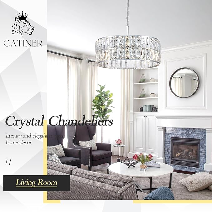 CATINER Modern Crystal Chandelier 18”Chrome Semi Flush Mount Ceiling Light Fixtures 6-Lights Drum Crystal Pendant Lighting for Dining Room Foyer Bedroom Living Room