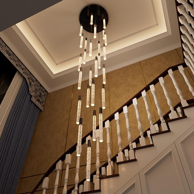 12FT Black Crystal Chandelier 26-Lights Modern LED Dimmable Pendant Lighting High Ceiling Hanging Fixture for Foyer Entryway Staircase Living Room Dining Room Villa Luxury Glam Ceiling Light