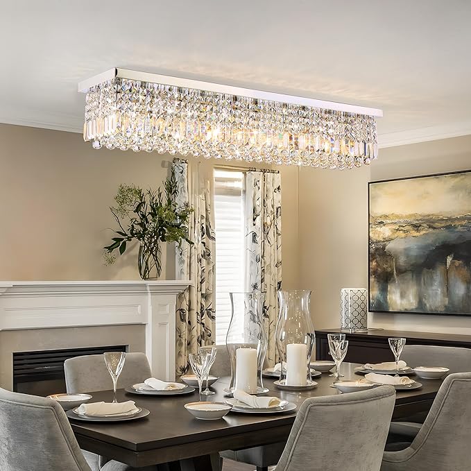 12-Lights Crystal Chandeliers Modern Crystal Rectangular Flush Mount Chandelier with Raindrop Crystals Pendant Light Fixture for Dining Dining Room Kitchen Dining Room Bedroom Bathroom Hotel