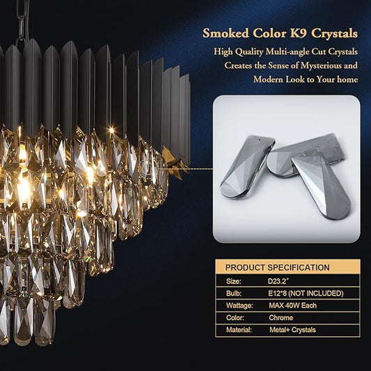 A AXILIXI Black Crystal Chandeliers,Contemporary 24'' Modern Ceiling Lights Fixtures Flush Mount Pendant Light 12 Lights 5-Tiers K9 Large Hanging Lamp for Entryway Dinning Room Living Room Bedroom
