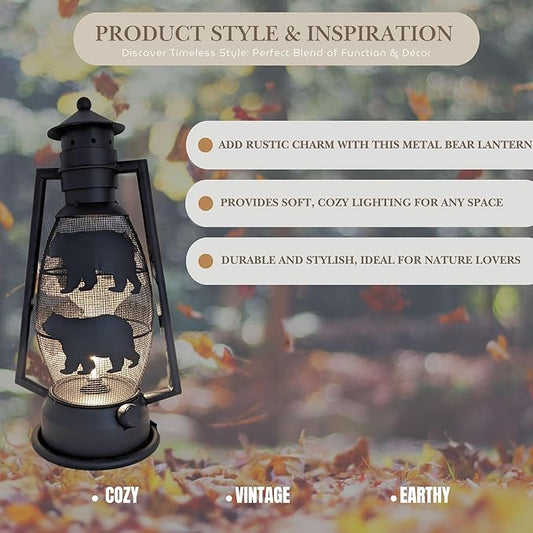 BestGiftEver Rustic Bear Lantern Table Lamp – Vintage Metal Nightlight with Electric Cord – Cabin, Lodge, Woodland Décor