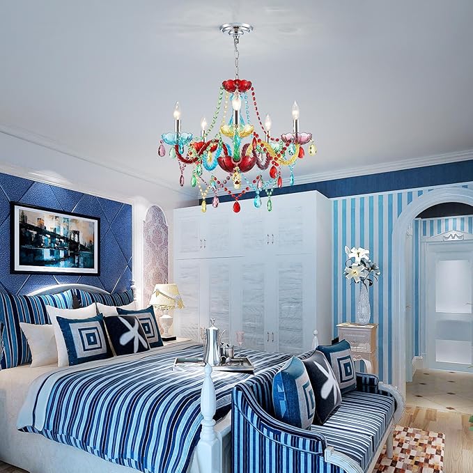 5-Lights Children Chandeliers, Modern Candy Design, Colorful Crystal Chandeliers for Bedroom, Dining Room, D22.8'' × H33.5'', Adjustable Height (33.5"~70.9"), Youth Color & Chrome Finish Frame