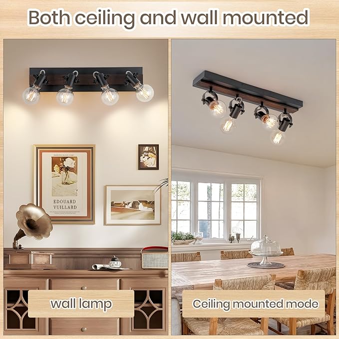 Farmhouse Wood Flush Mount Ceiling Light,Black Kitchen Track Lighting Fixtures Ceiling with Rotatable Light Heads,4 Light Track Lighting for Kitchen, Living Room, Bedroom.