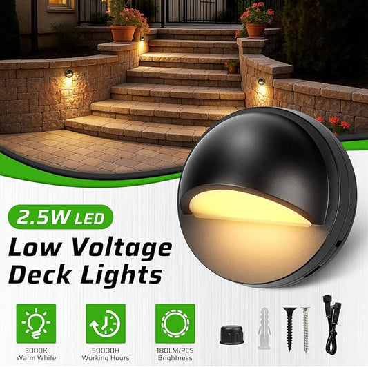 8 Pack Low Voltage LED Deck Lights Kit with Plug-in Transformer, Dusk-to-Dawn Photocell Sensor and Timer, IP67 Waterproof 3000K Outdoor Step Stair Lights for Deck, Patio, Fence and Landscape Lighting